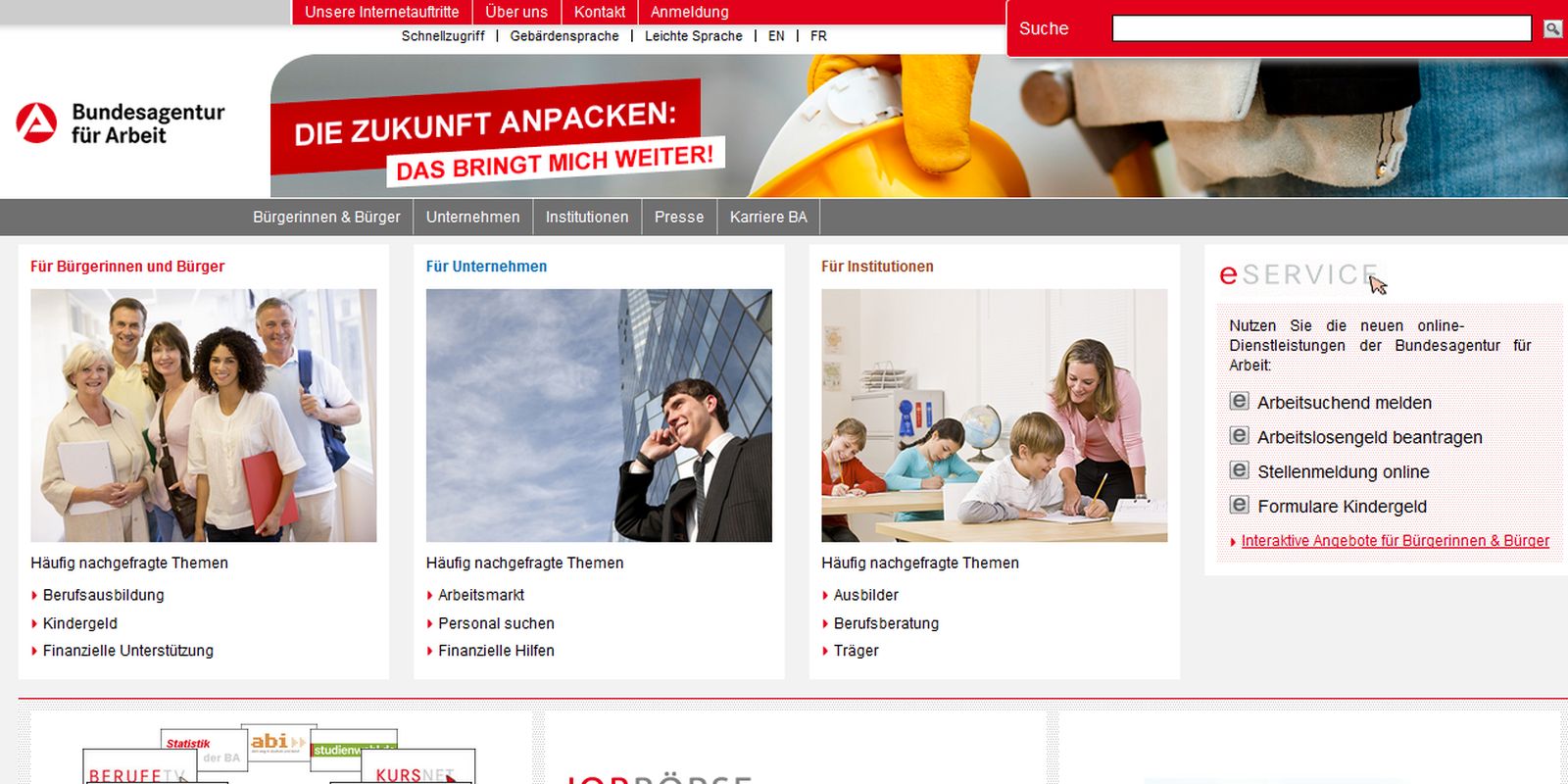 Screenshot Startseite Homepage Bundesagentur für Arbeit